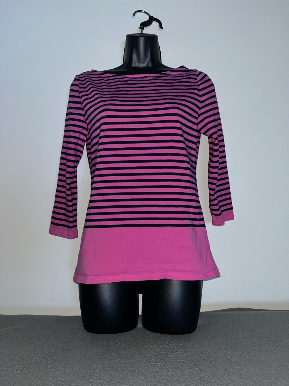 Chaps Pink and Black Striped 3/4 Sleeve Boatneck Top